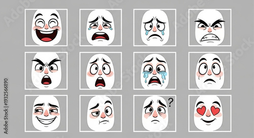 Collection of various cartoon egg-shaped faces expressing different emotions and feelings.