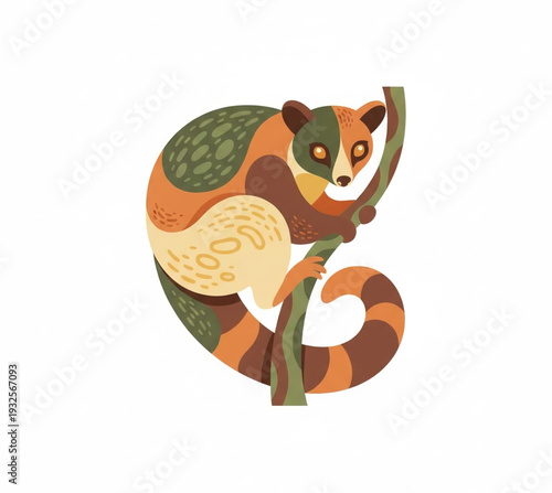 A colorful lemur perched on a tree branch, showcasing vibrant fur and a long tail in a digital illustration