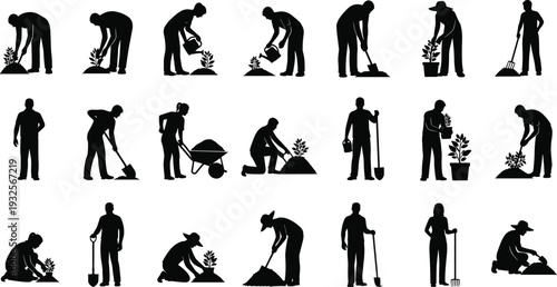 Farmer and gardener silhouette vector set featuring people planting watering digging and working with tools isolated on white background for agriculture gardening and landscaping designs.