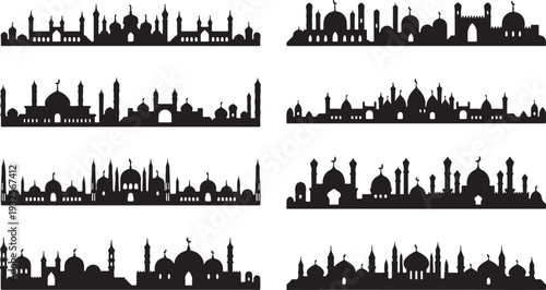 Minimalist silhouette skyline with domes and minarets isolated on transparent background, illustration