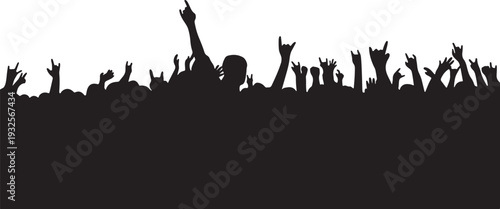 Silhouette crowd celebrating with raised hands isolated on transparent background, illustration