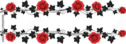  Elegant decorative floral border design featuring red roses and black ivy leaves intertwined with ornate vines, perfect for invitations, greeting cards, romantic art, and decorative framing.