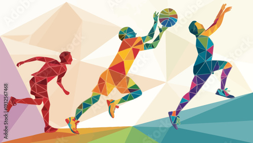 Dynamic basketball players in action with vibrant geometric design