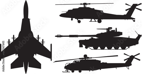 Modern Military Attack Vehicles and Stealth Aircraft Silhouette Set - Combat Helicopters, Main Battle Tanks, and Fighter Jet Vector Icons