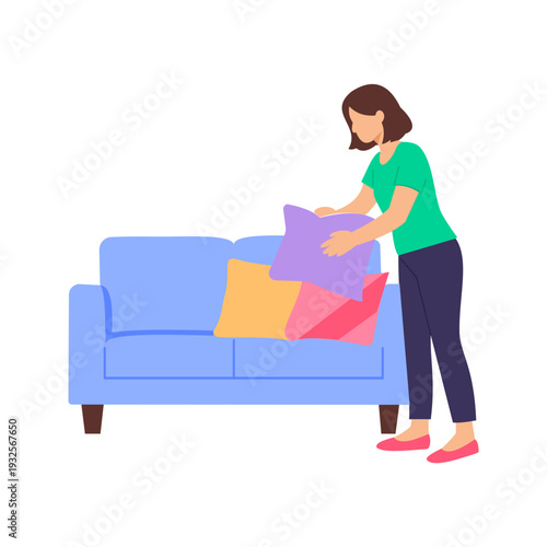Pillow Fluffing, Adjusting cushions to enhance comfort and appearance, Flat vector character illustration