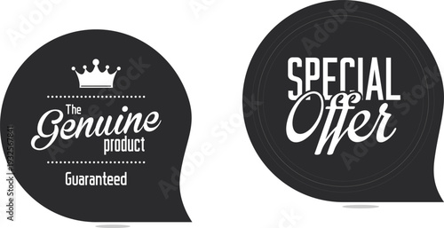 Two black and white labels with special offer and genuine product guaranteed