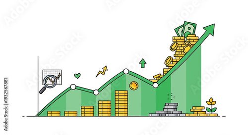 Vector illustration of green graph with coins and growth arrow