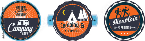 Three circular badges for camping and outdoor activities