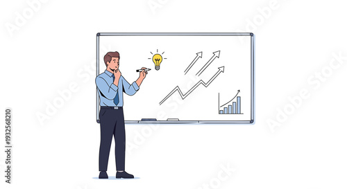 Vector illustration of businessman with lightbulb and whiteboard