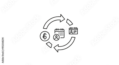 Circular workflow with business icons representing finance and planning.