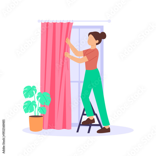 Curtain Adjustment, Arranging drapes for proper fit and look, Flat vector character illustration