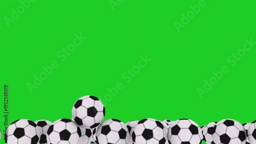 Soccer balls falling on green screen background with 3d realistic animation effect
