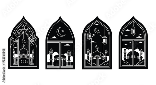 Islamic arch windows with mosque silhouettes and celestial elements