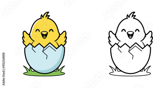 Cute yellow baby chick hatching from an egg on grass vector illustration with black and white outline coloring page version for kids, Easter and spring themed cartoon character design.