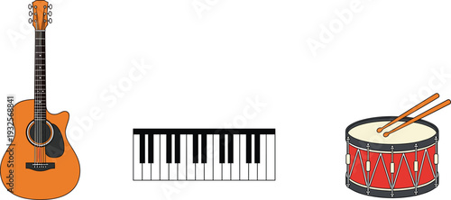 Flat vector illustration of a musical instrument set including an acoustic guitar, piano keyboard, and red snare drum with drumsticks isolated on a grey background.