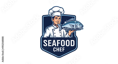Seafood Chef Holding Fresh Fish Emblem Logo.