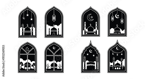Islamic arch windows with mosque silhouettes and celestial elements