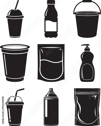 Liquid Packaging and Plastic Container Icon Set: Minimalist Silhouette Collection of Bottles, Cups, Pouches, and Household Product Vectors.