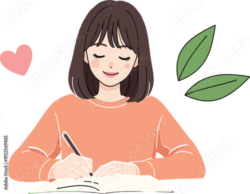 Flat vector illustration of a young woman with short brown hair writing in a notebook or journal with a pen isolated on grey background.