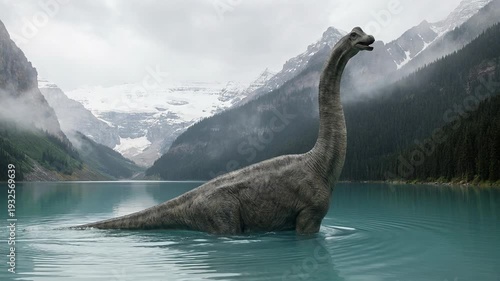 Large brachiosaurus dinosaur stands in a pristine glacial lake. Mist covers steep snowy mountains. Prehistoric wilderness nature