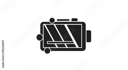 Black and white icon of a digital camera with lens.