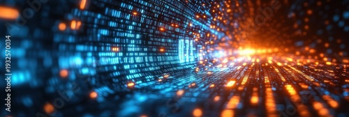 Wallpaper Mural glowing blue and orange digital data tunnel with streaming lights, illuminated grid patterns and a dynamic futuristic sense of motion and depth Torontodigital.ca