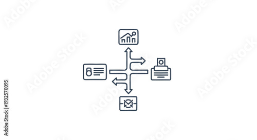 Business process flow diagram with icons representing data analysis and printing.