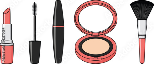  "Collection of essential beauty cosmetics including lipstick, mascara, compact powder, and makeup brush arranged neatly, representing modern makeup products for fashion, glamour, and professional bea