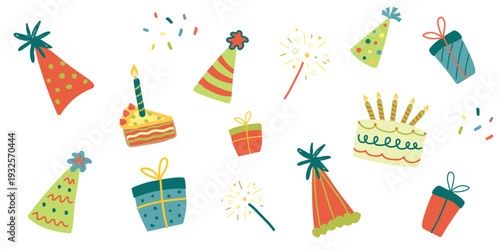 Birthday party elements set with cake, gifts, festive hats and confetti in flat hand drawn style