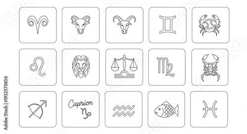 Zodiac signs arranged in a grid, representing astrological concepts and symbols.
