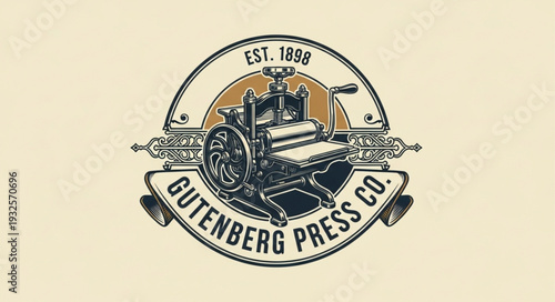 Vintage Gutenberg Press Company Logo Depicting Printing Machine and Text.