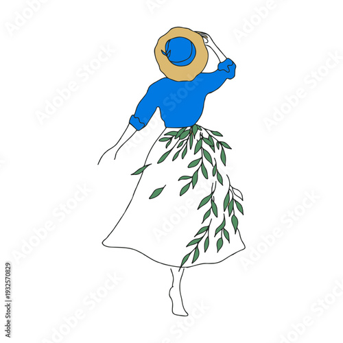 Minimalist Woman in Blue Top and Straw Hat Line Art Fashion Illustration