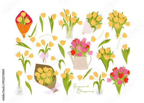 Delicate spring flowers and bouquets of them. Various flowers and flower arrangements. Yellow and pink tulips with green stems and leaves in flat style. FreeHand drawn vector illustration for card