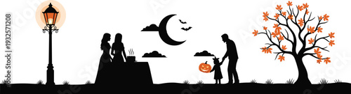Halloween family celebration vector silhouette with people pumpkin carving autumn tree and crescent moon for spooky holiday party invitation greeting card and seasonal event banner