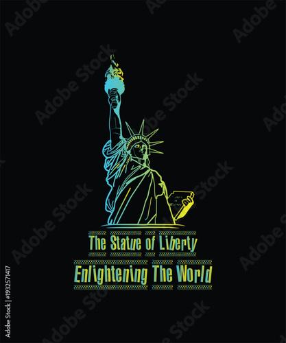 Statue of Liberty Neon Line Art T-shirt Design, New York City Landmark Vector Illustration