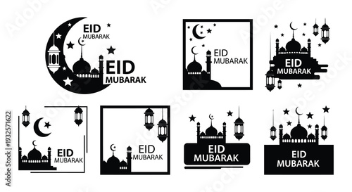 Black and white eid mubarak designs with crescent moons and lanterns