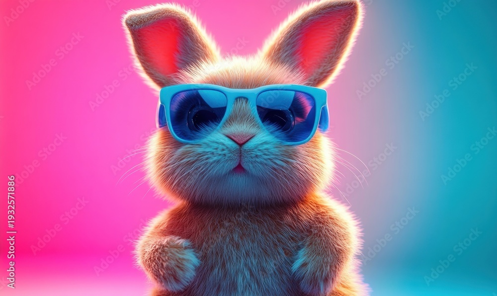 Obraz premium fluffy brown rabbit wearing blue sunglasses against neon pink and cyan gradient background, playful confident and cool expression