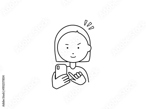 線画　スマホを見て表情を変える女性3