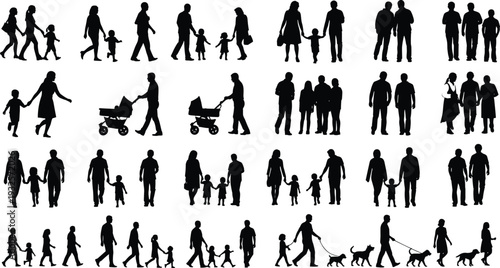 Large collection of black family silhouettes walking with children and dogs, diverse people groups, parents with strollers, couples and kids isolated on white background vector.