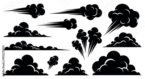 Stylized black clouds and smoke trails, perfect for comic book effects, speed lines, or abstract expressions