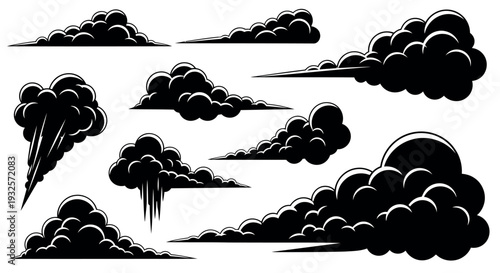 Set of black comic book style clouds, smoke, and dust puffs for dynamic action and effects in illustrations