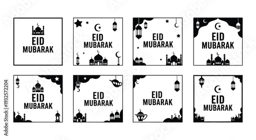 Black and white eid mubarak designs with crescent moons and lanterns