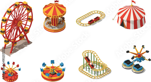 Isometric amusement park set with ferris wheel, roller coaster, carousel horse ride, carnival circus tent, bumper cars, and funfair attractions isolated on white background vector illustration.