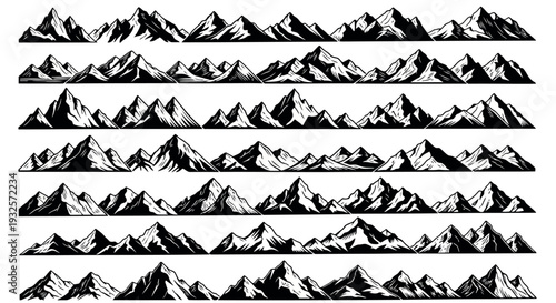 Seamless pattern of stylized mountain ranges in black and white, offering a majestic and adventurous backdrop for design projects.