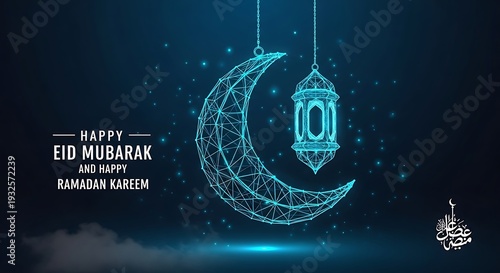 Futuristic Wireframe Eid Star and Crescent Islamic Technology Background