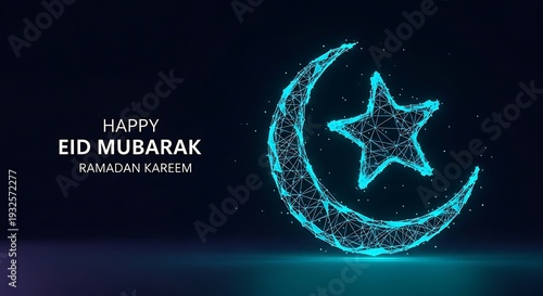 Futuristic Wireframe Islamic Star Pattern Ramadan Technology Background with eid Mubarak