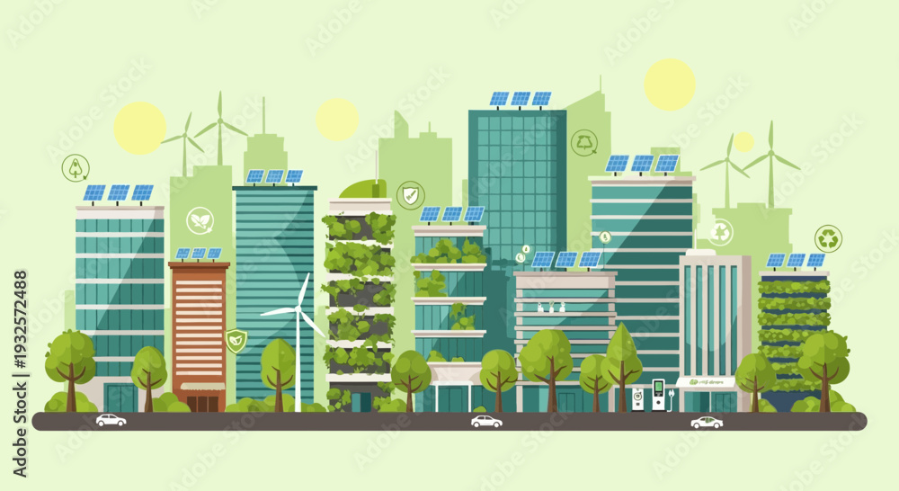 Obraz premium Eco-friendly city skyline with green buildings, solar panels, and wind turbines