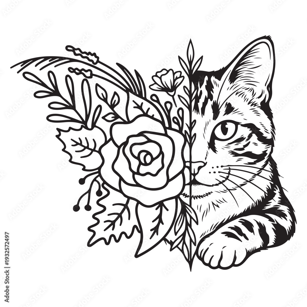 Obraz premium Split Animal and Floral Vector Illustrations Set,Geometric Nature Line Art: Wildlife and Flowers Collection,Black and White Floral Animal Portraits Tattoo Design Style