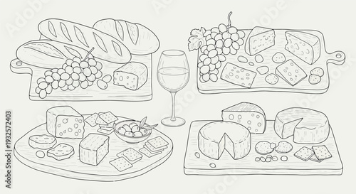 Hand-Drawn Sketch of a Cheese and Wine Tasting Platter with Bread and Olives, Appetizer Spread