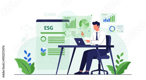 Businessman analyzing ESG report on laptop with charts and graphs, sustainable business concept